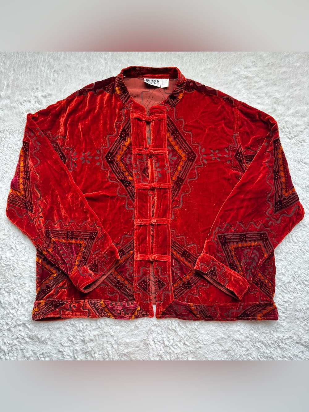 VTG Chicos Asian Velvet Burnout Jacket L 2 Silk Rayon Frog Knot Button Indie